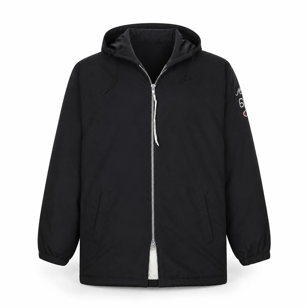 Champion Men's Black Hooded Football Jacket L Insulated Vintage