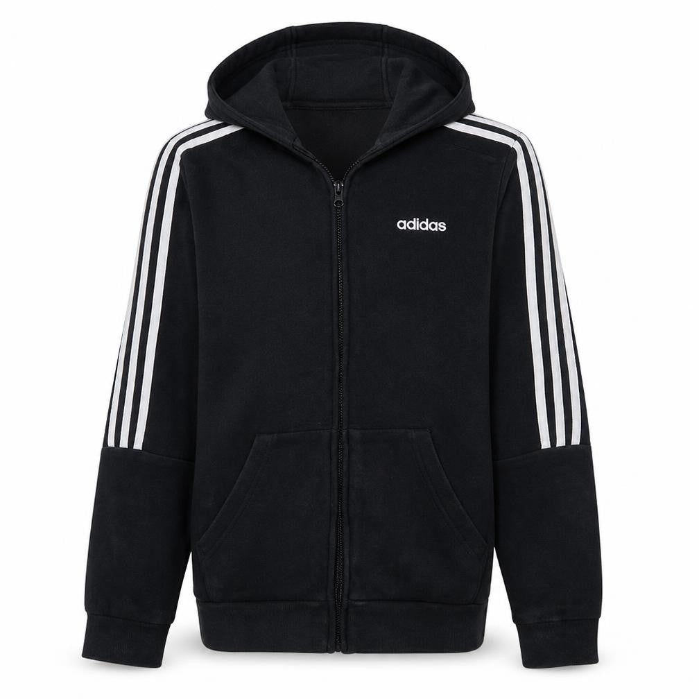 Front view of adidas Men's Black Full Zip Hoodie, size S, Regular Fit Sportswear
