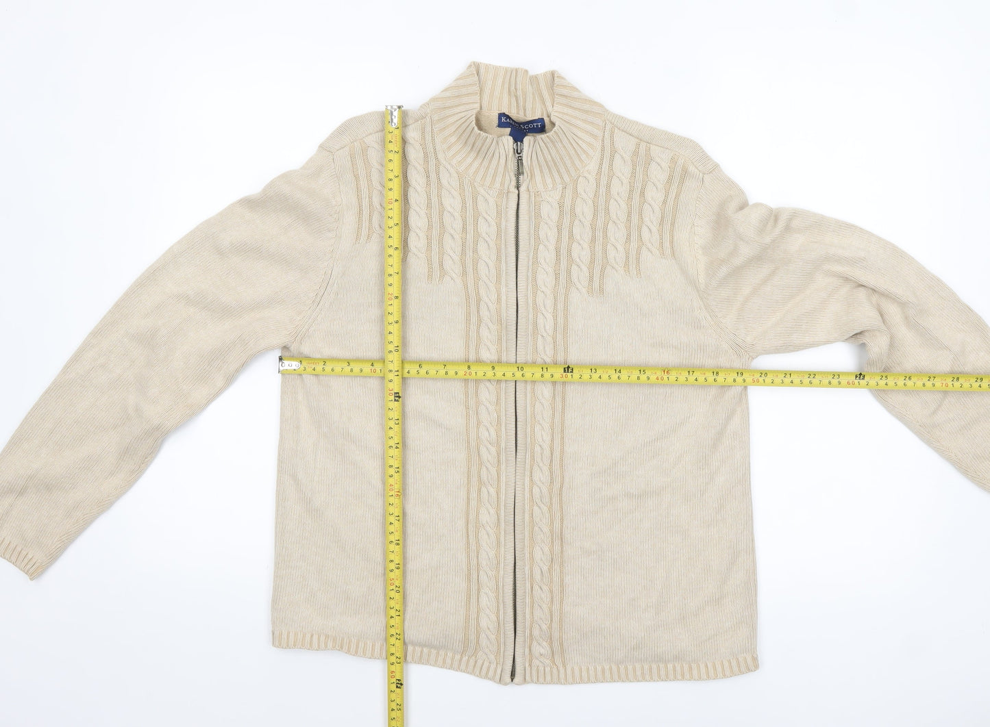 Karen Scott Women’s Beige Cotton Cable-Knit Full Zip Jumper L Petite