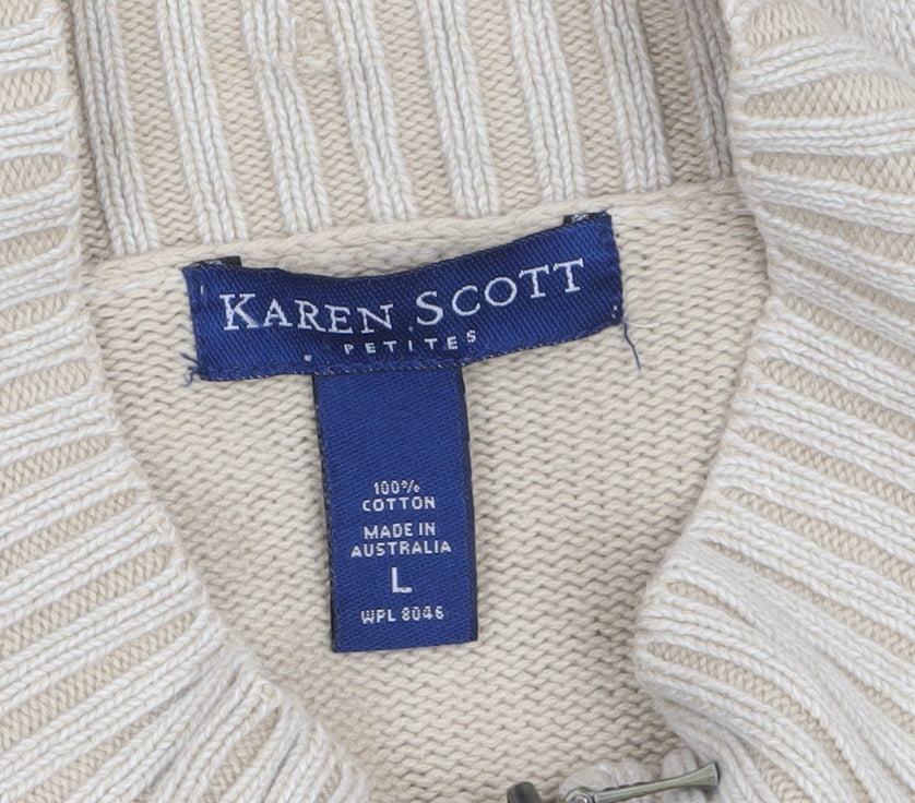 Karen Scott Women’s Beige Cotton Cable-Knit Full Zip Jumper L Petite