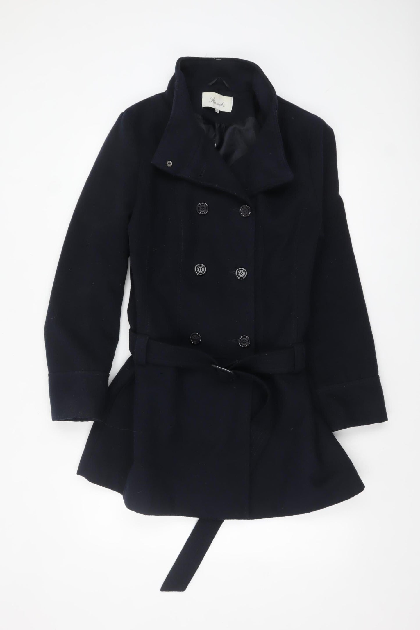Peacocks Women's Black Size 16 Belted Double-Breasted Pea Coat