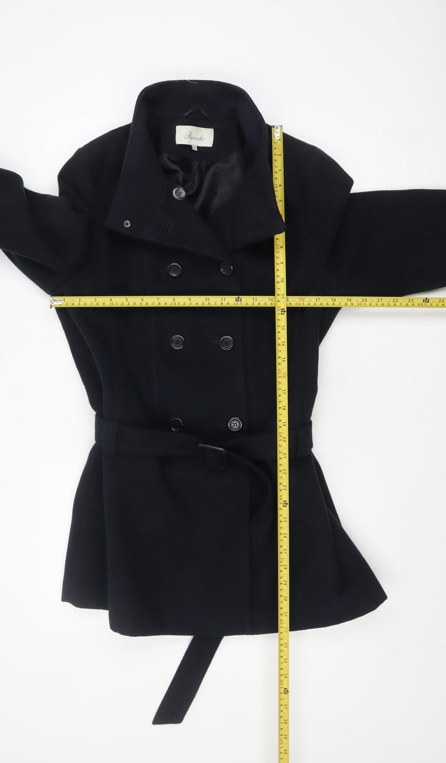 Peacocks Women's Black Size 16 Belted Double-Breasted Pea Coat