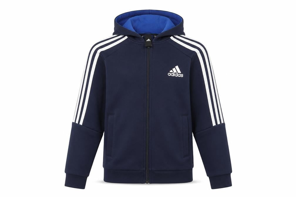 Front view of Adidas boys’ navy blue full zip hoodie 11-12 years cotton blend