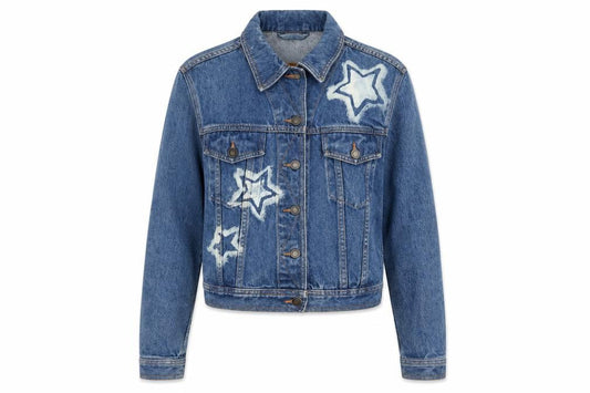 Moto Womens Blue Cropped Denim Jacket Small Star Print Vintage Style