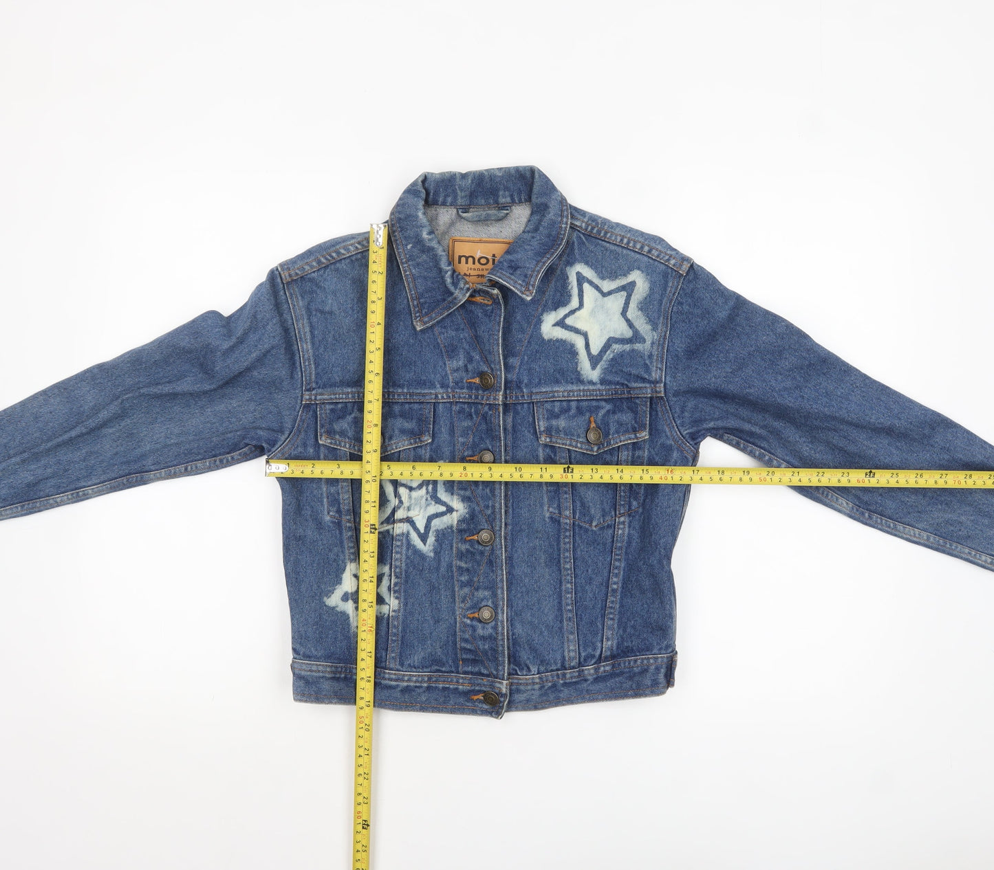 Moto Womens Blue Cropped Denim Jacket Small Star Print Vintage Style
