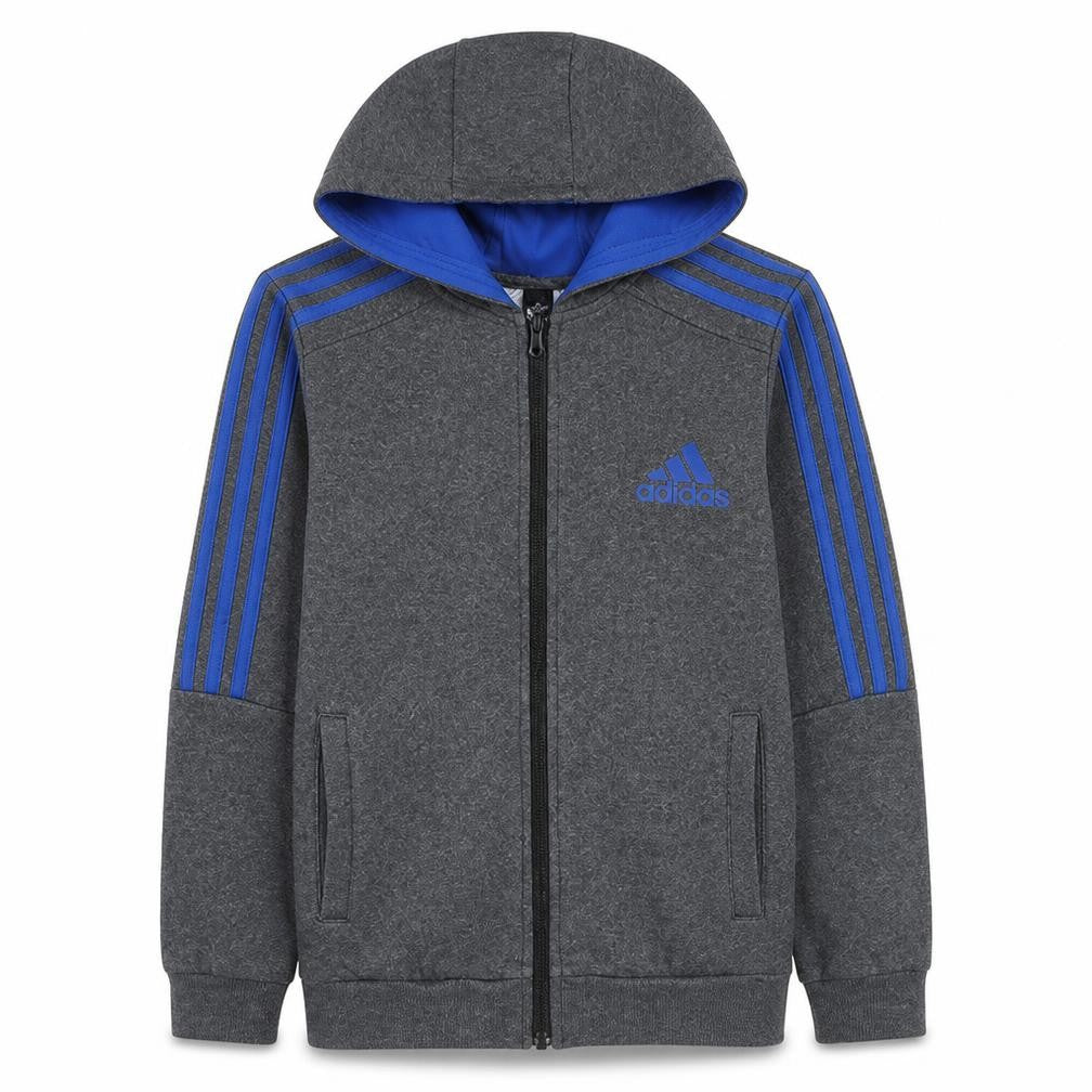 Front view of Adidas boys’ grey blue full zip hoodie 13-14 years fleece lined sportswear