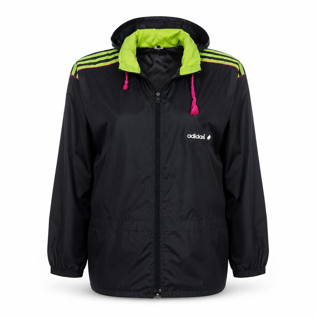 Front view of Adidas women’s black windbreaker jacket, size UK 12, hooded retro sports style