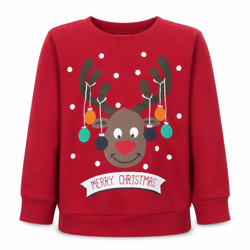 Front view of 4Kidz girls’ red reindeer christmas pullover sweatshirt 7-8 years
