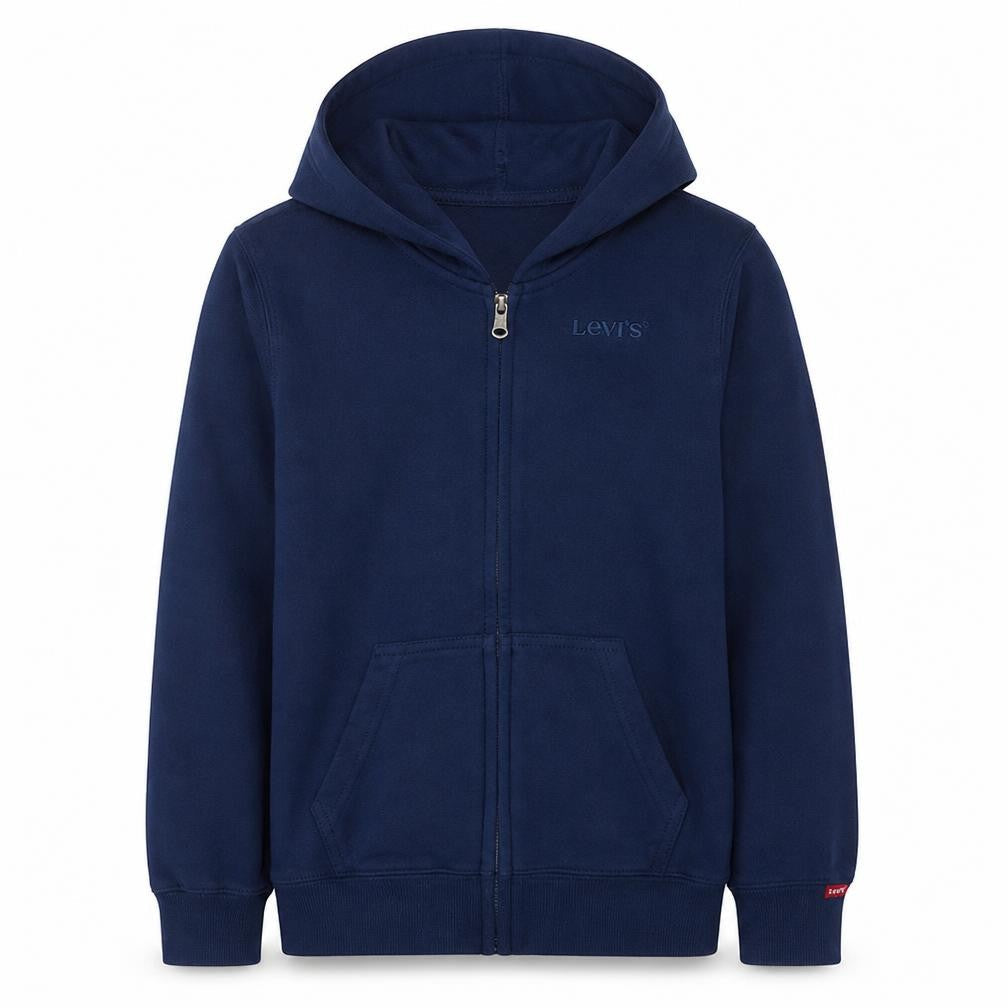 Front view of Levi's boys’ blue full zip hoodie, size 14, years cotton blend logo sweatshirt