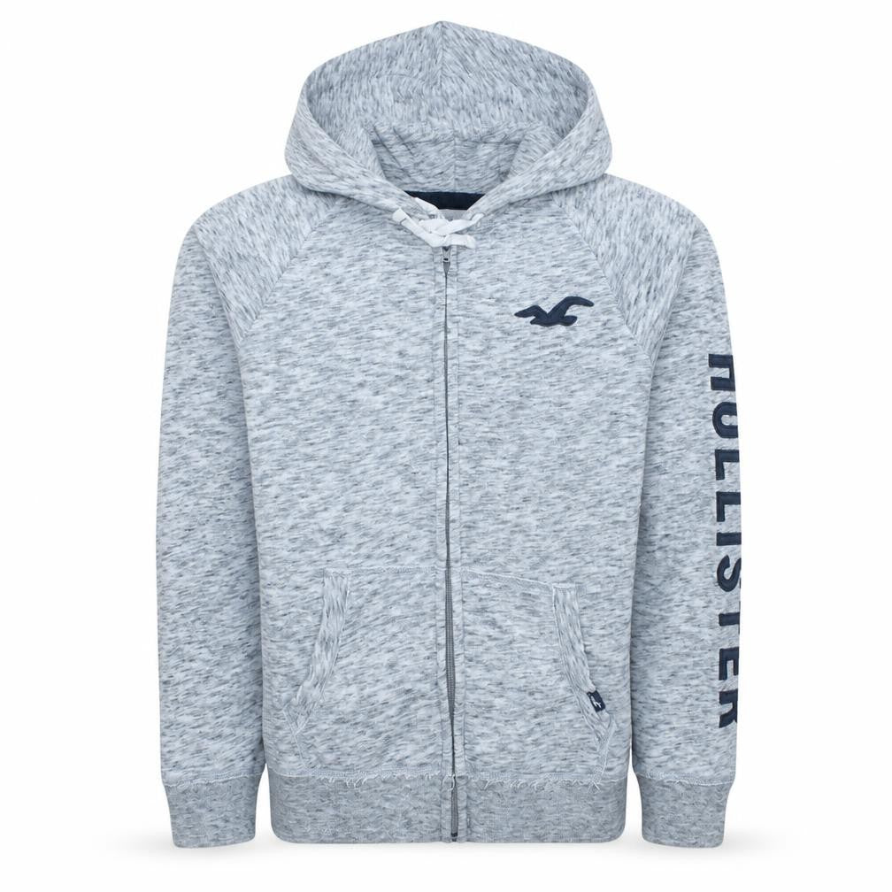 Hollister Mens Grey Full Zip Hoodie L Logo Print Hooded Top