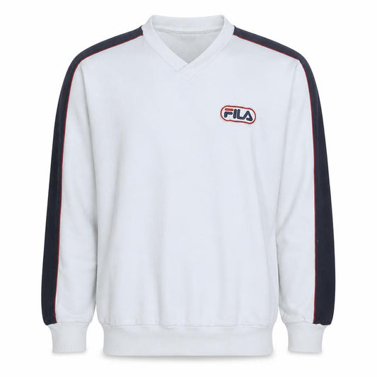 Fila Mens White V-Neck Sweatshirt M Retro 90s Logo Sports Pullover