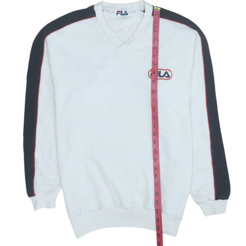 Fila Mens White V-Neck Sweatshirt M Retro 90s Logo Sports Pullover