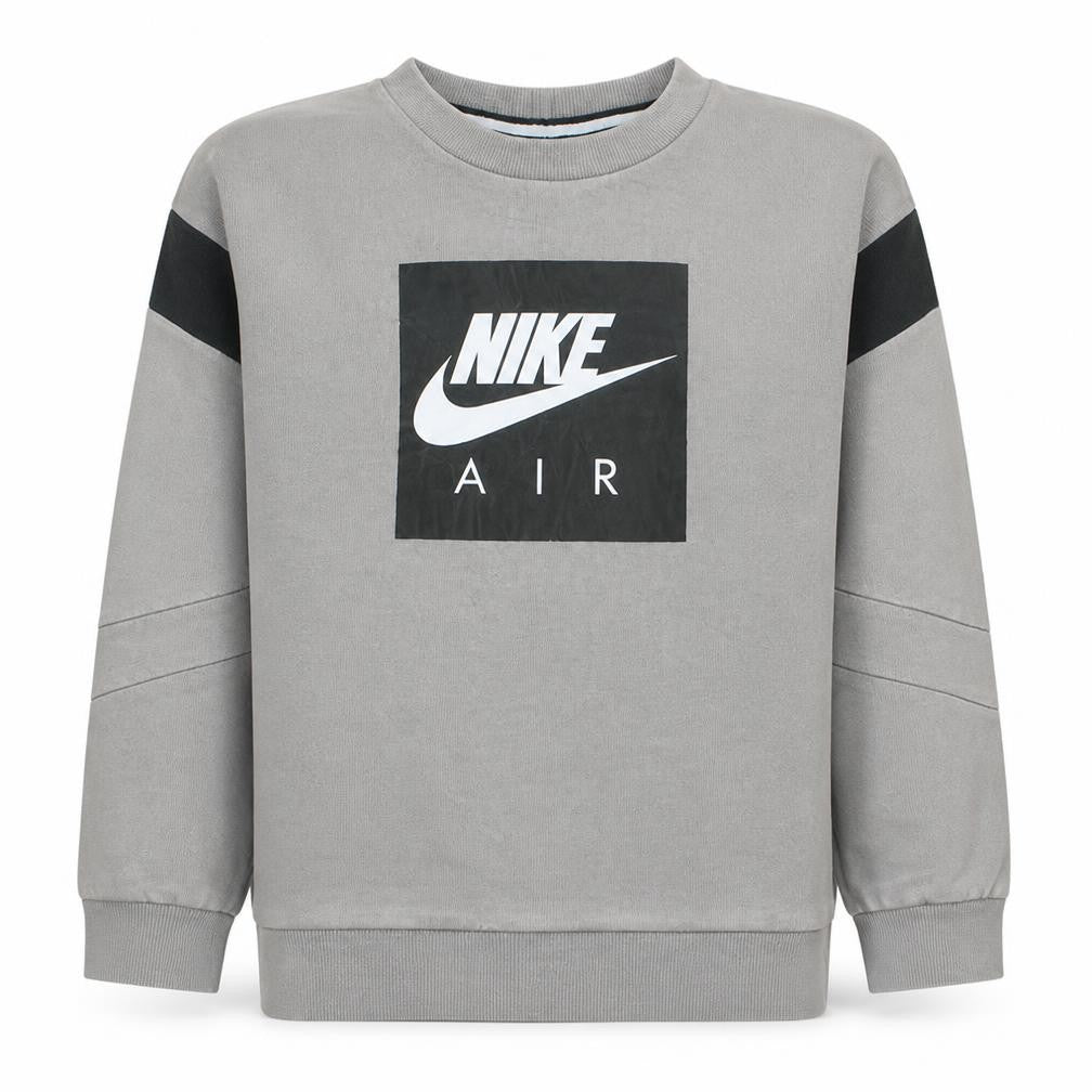 Front view of Nike boys’ grey air logo crew neck fleece sweatshirt 12-13 years