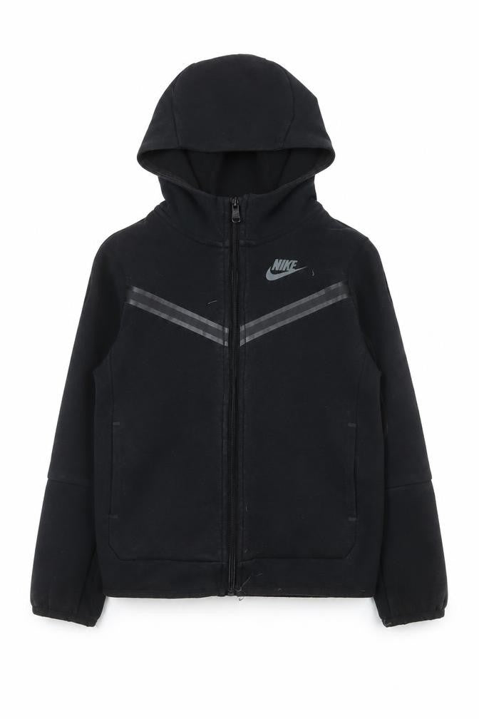 Front view of Nike boys’ black hooded track jacket 6-7 years full zip sportswear