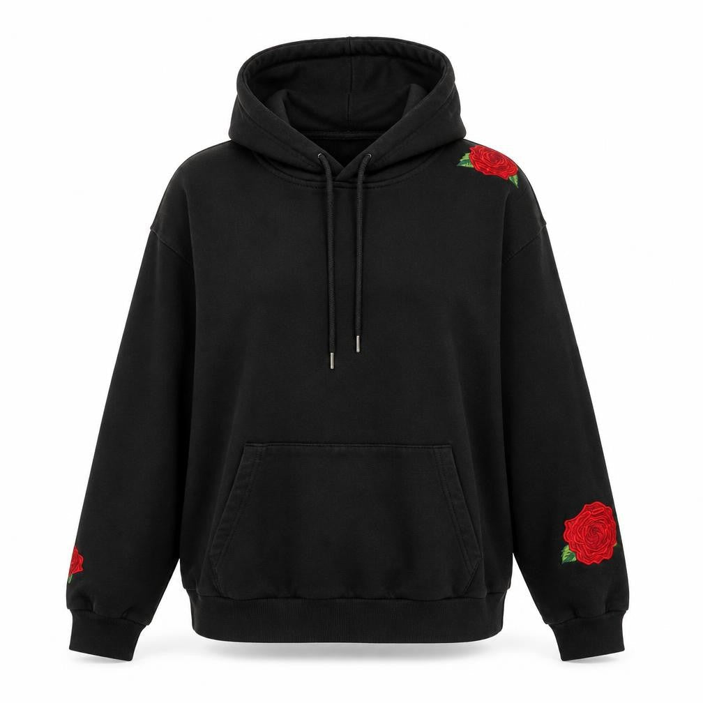 Brave Soul Womens Black Medium Pullover Hoodie with Rose Embroidery