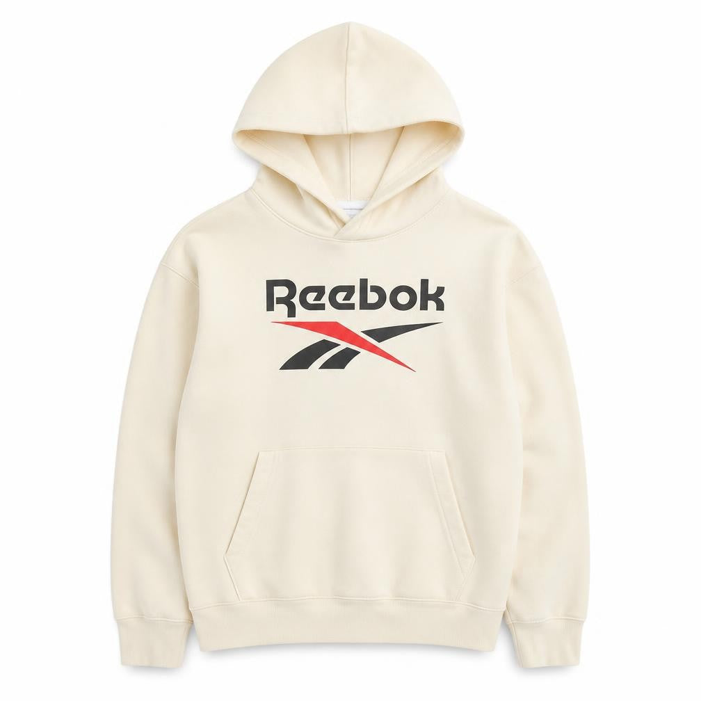 Front view of Reebok x H&M girls’ beige hoodie 13-14 years pullover hooded sweatshirt