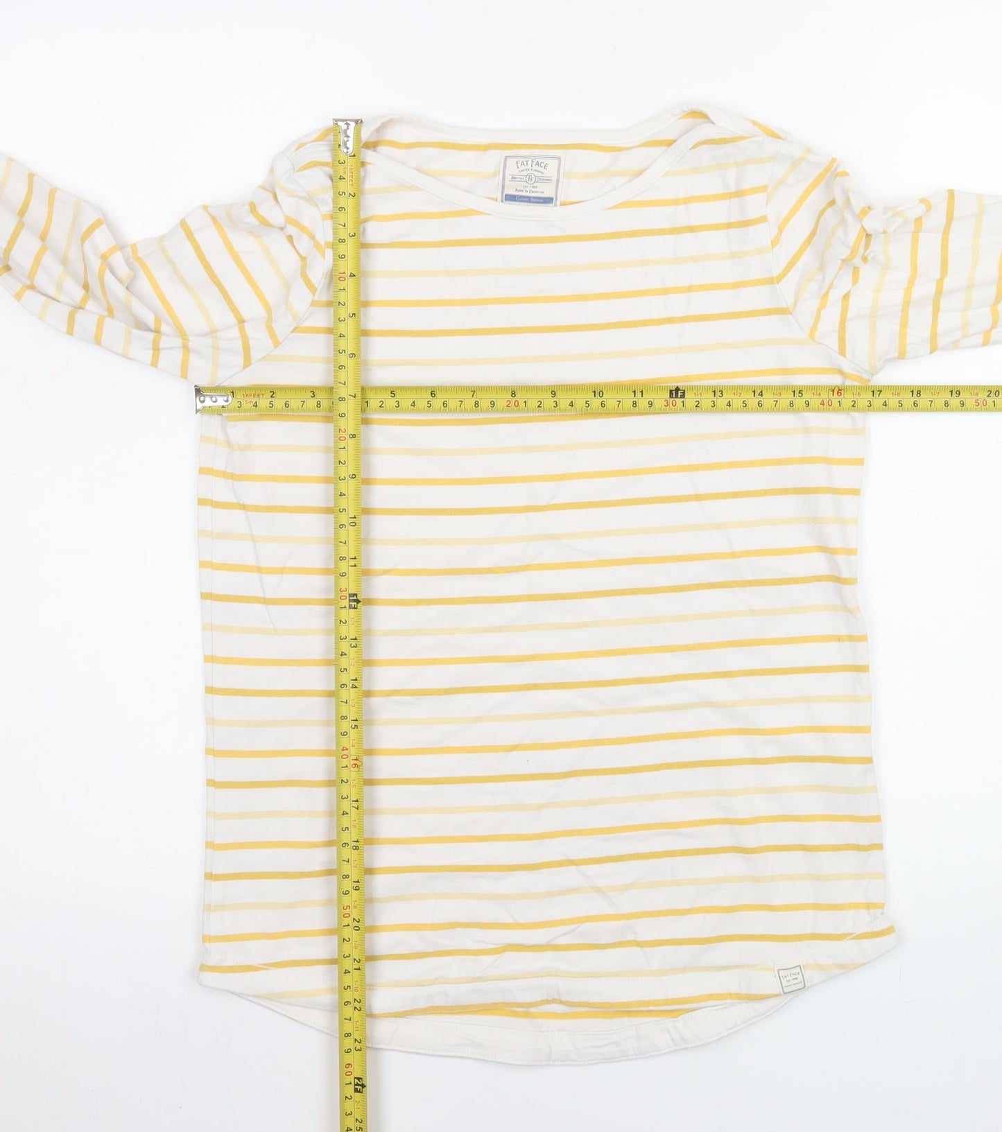 Fat Face Women’s Yellow White Striped Long Sleeve Cotton Top Size 8
