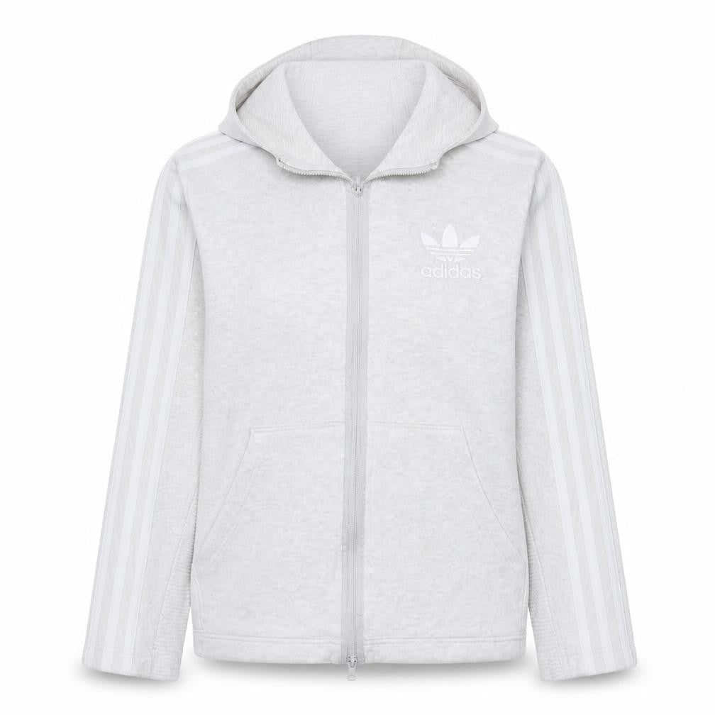 Front view of Adidas Women Grey Full Zip Hoodie, size M, Cotton Blend Casual Sportswear