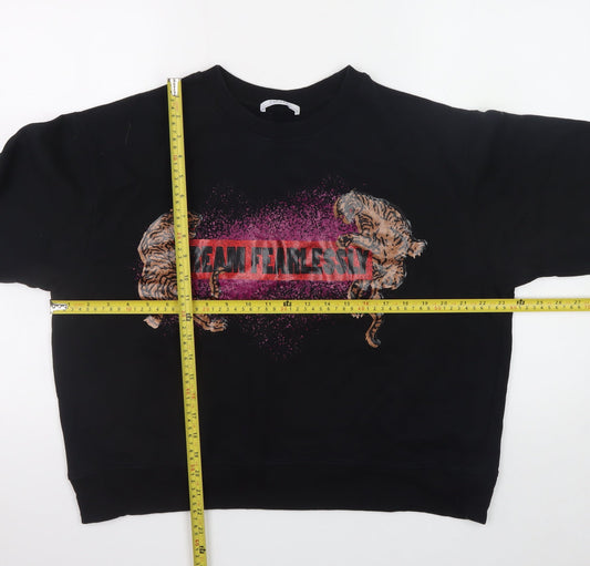 Zara Woman Black Graphic Tiger Sweatshirt Size 12 Cotton Blend