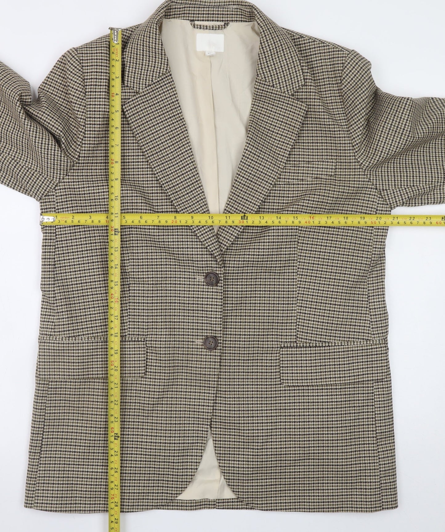 H&M Women Beige Checked Blazer S Classic Work Office Jacket