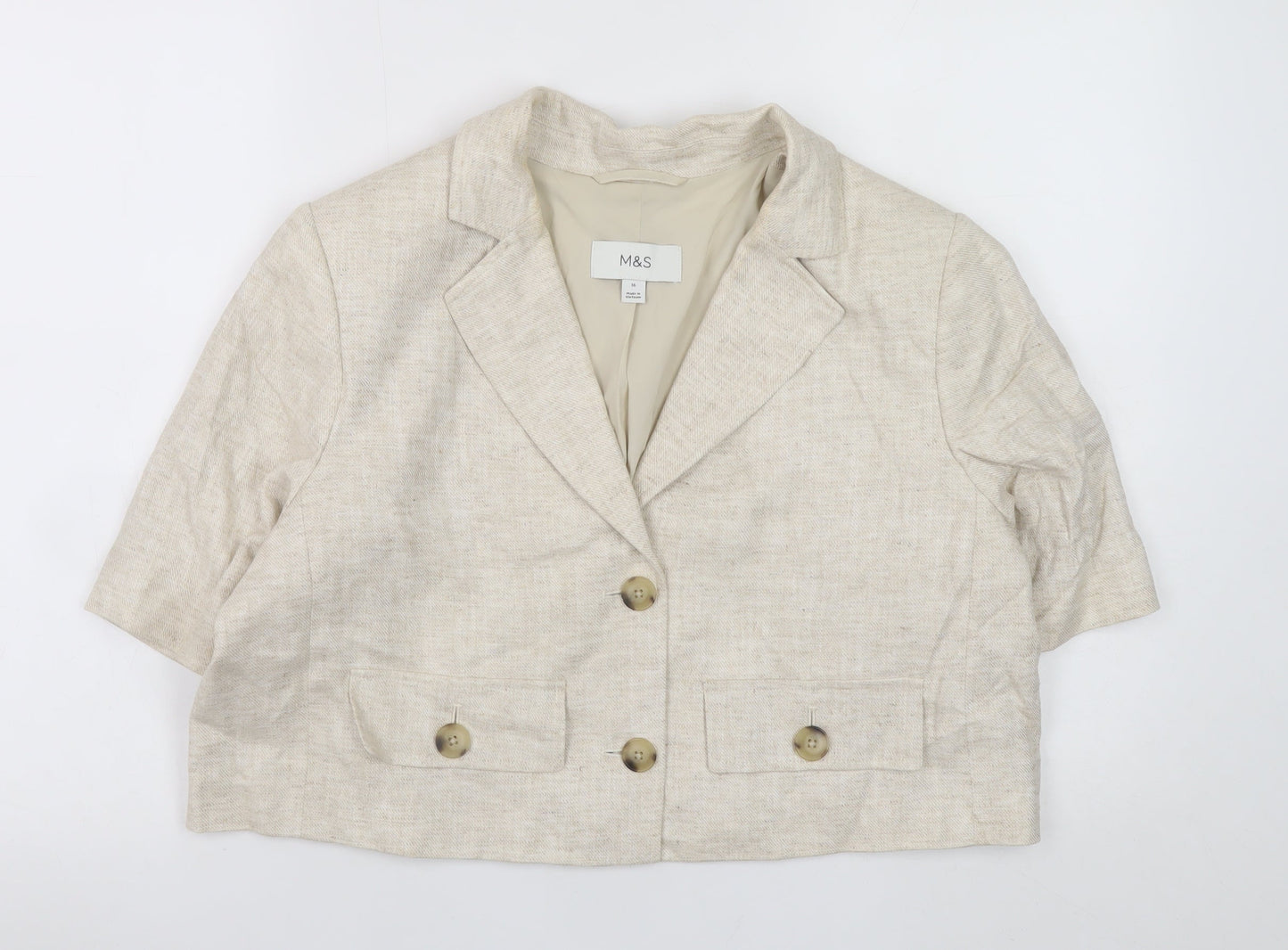 Marks and Spencer Women Beige Linen Blend Cropped Blazer Size 16