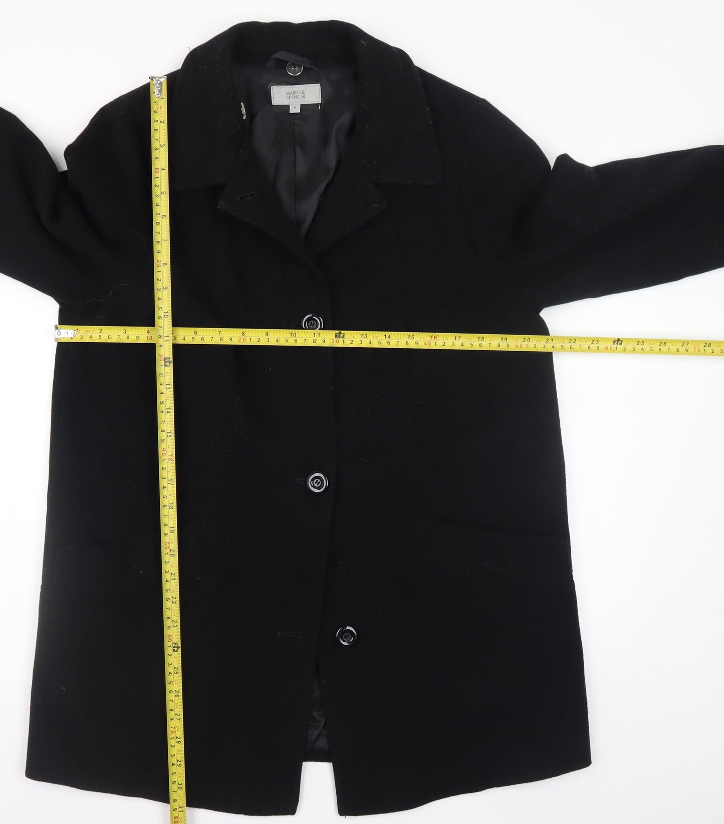 Marks and Spencer Women's Black Wool Blend Overcoat Size 14 Classic Style