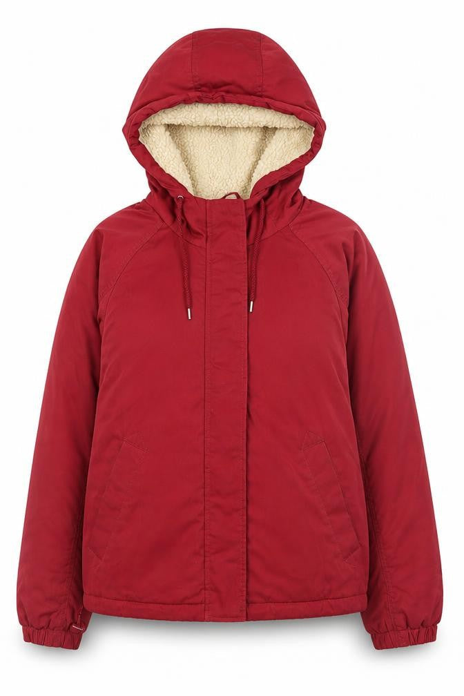 Stay Womens Red Hooded Puffer Jacket Size M Polyester Winter Coat