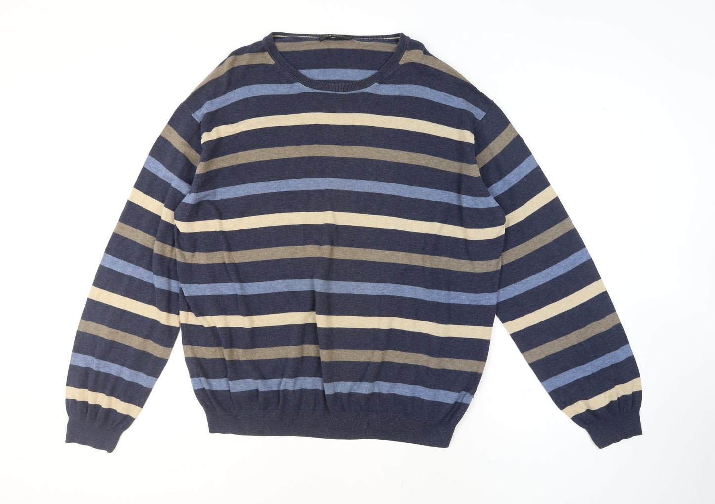 Jaeger Men's Blue Striped Cotton Crew Neck Jumper XL