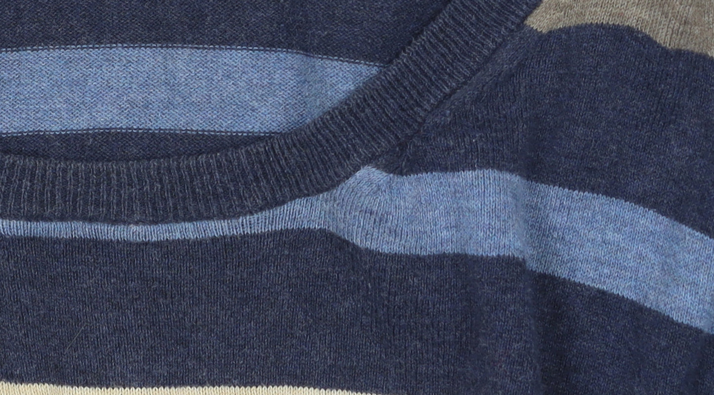 Jaeger Men's Blue Striped Cotton Crew Neck Jumper XL