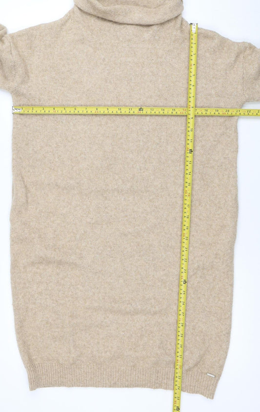 Superdry Women Beige Wool Blend Roll Neck Knit Sweater Dress UK 8