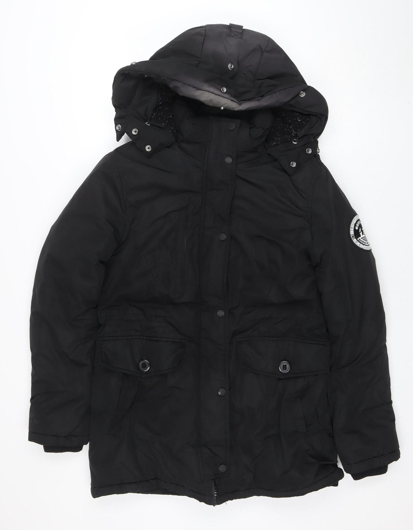 Superdry Women's Black Everest Parka Jacket Size 10 Hooded Winter Coat