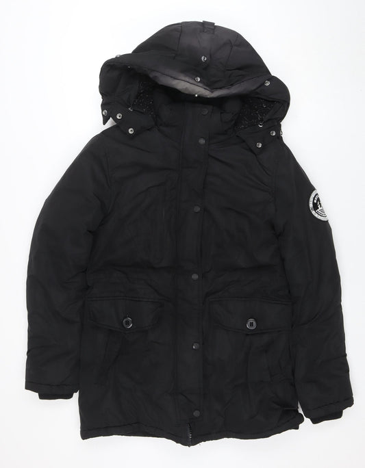 Superdry Women's Black Everest Parka Jacket Size 10 Hooded Winter Coat