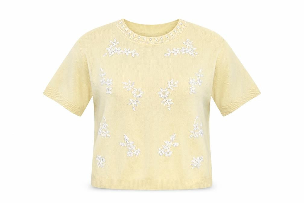 Front view of French Connection Women's Beige Embroidered Short Sleeve jumper M