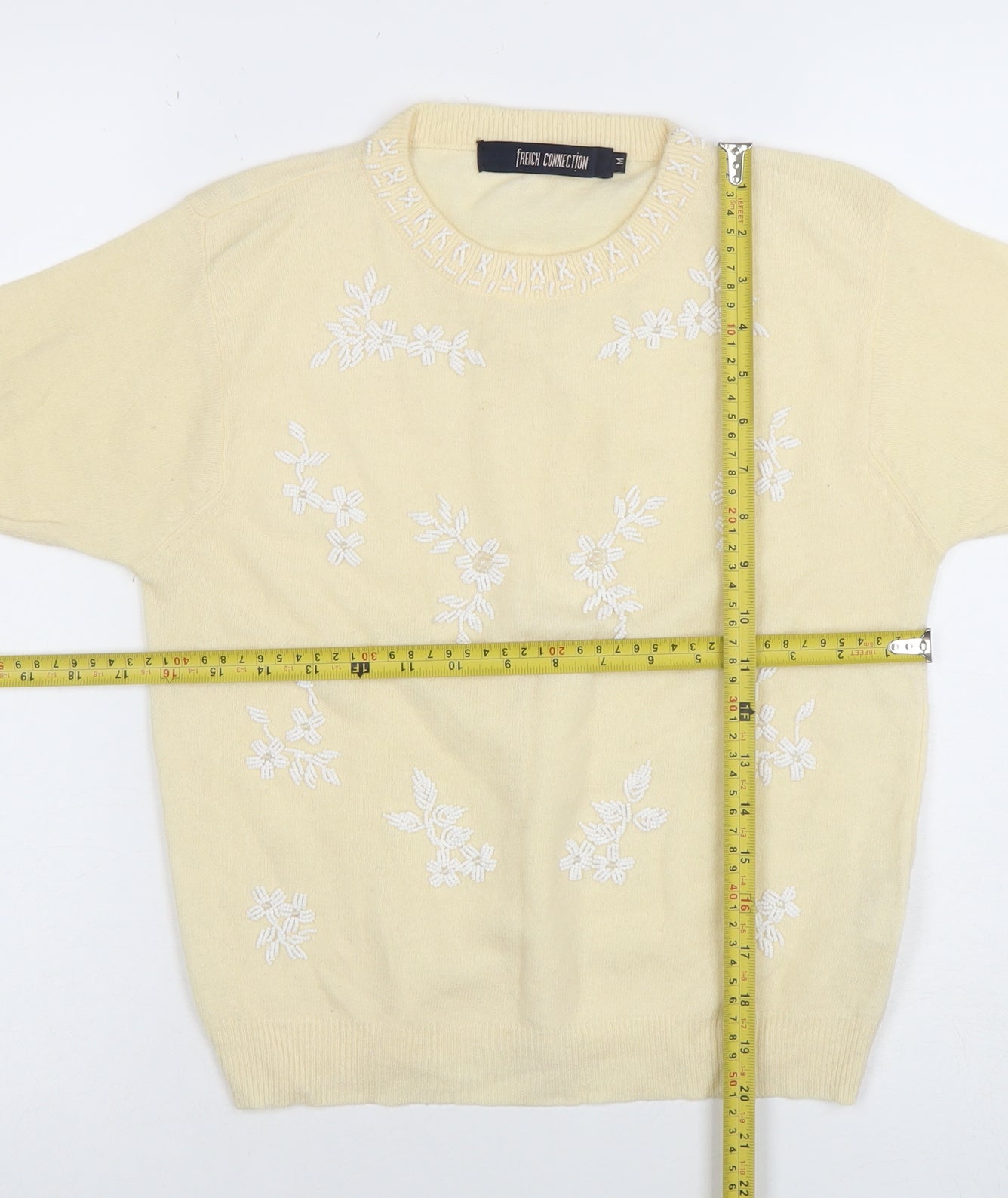 French Connection Women's Beige Embroidered Short Sleeve Pullover Jumper M