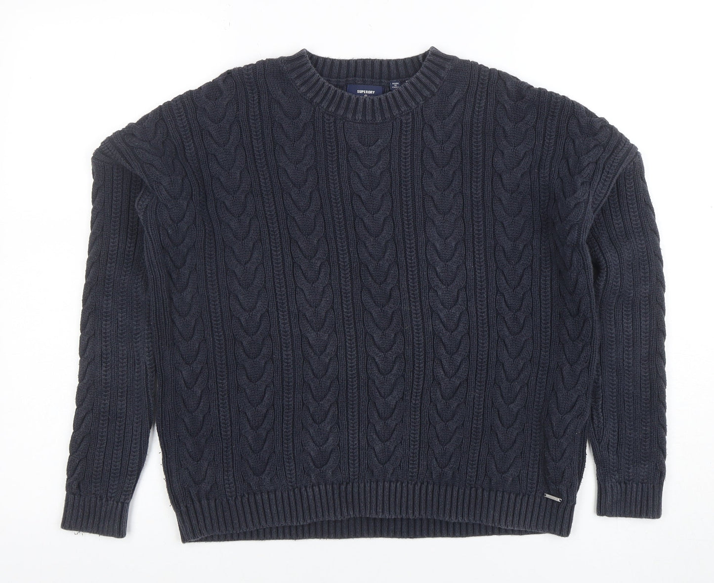 Superdry Womens Blue Cable Knit Crew Neck Cotton Jumper Size 8