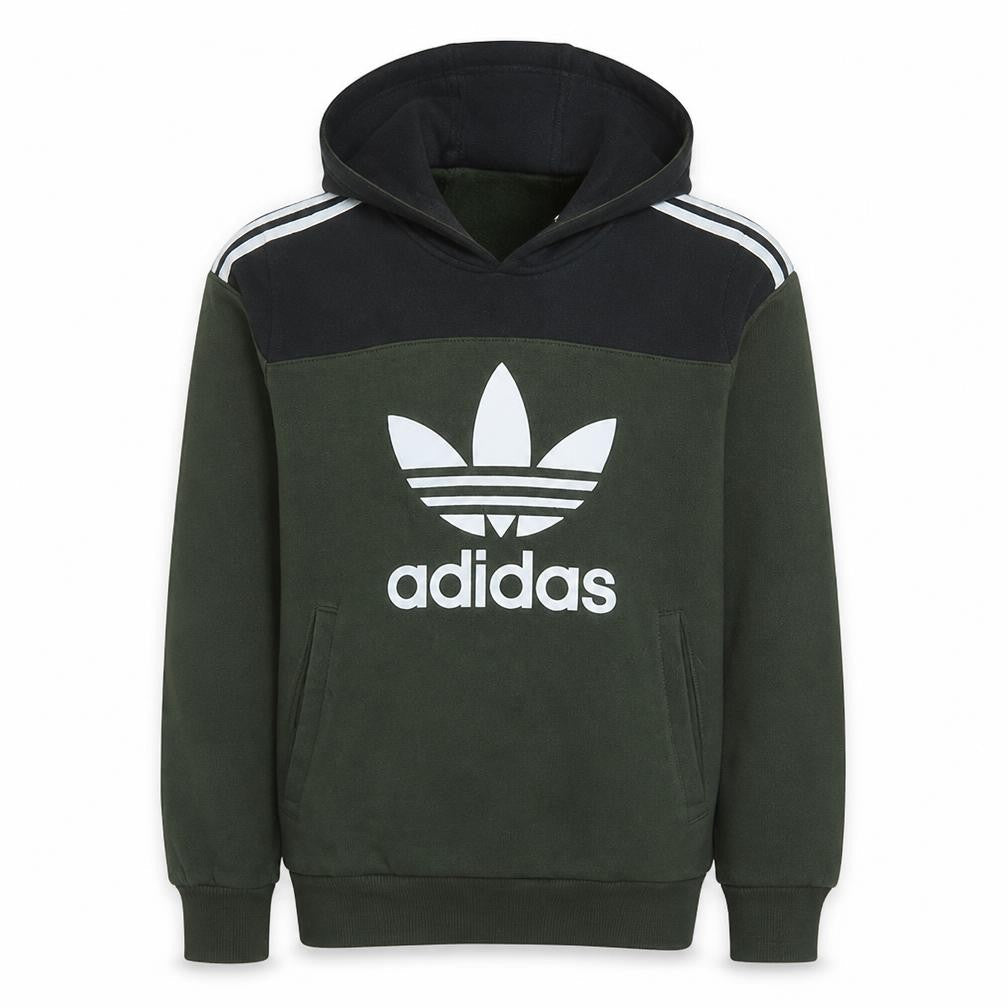 Front view of adidas boys’ green pullover fleece hoodie 13-14 years logo hooded sweatshirt