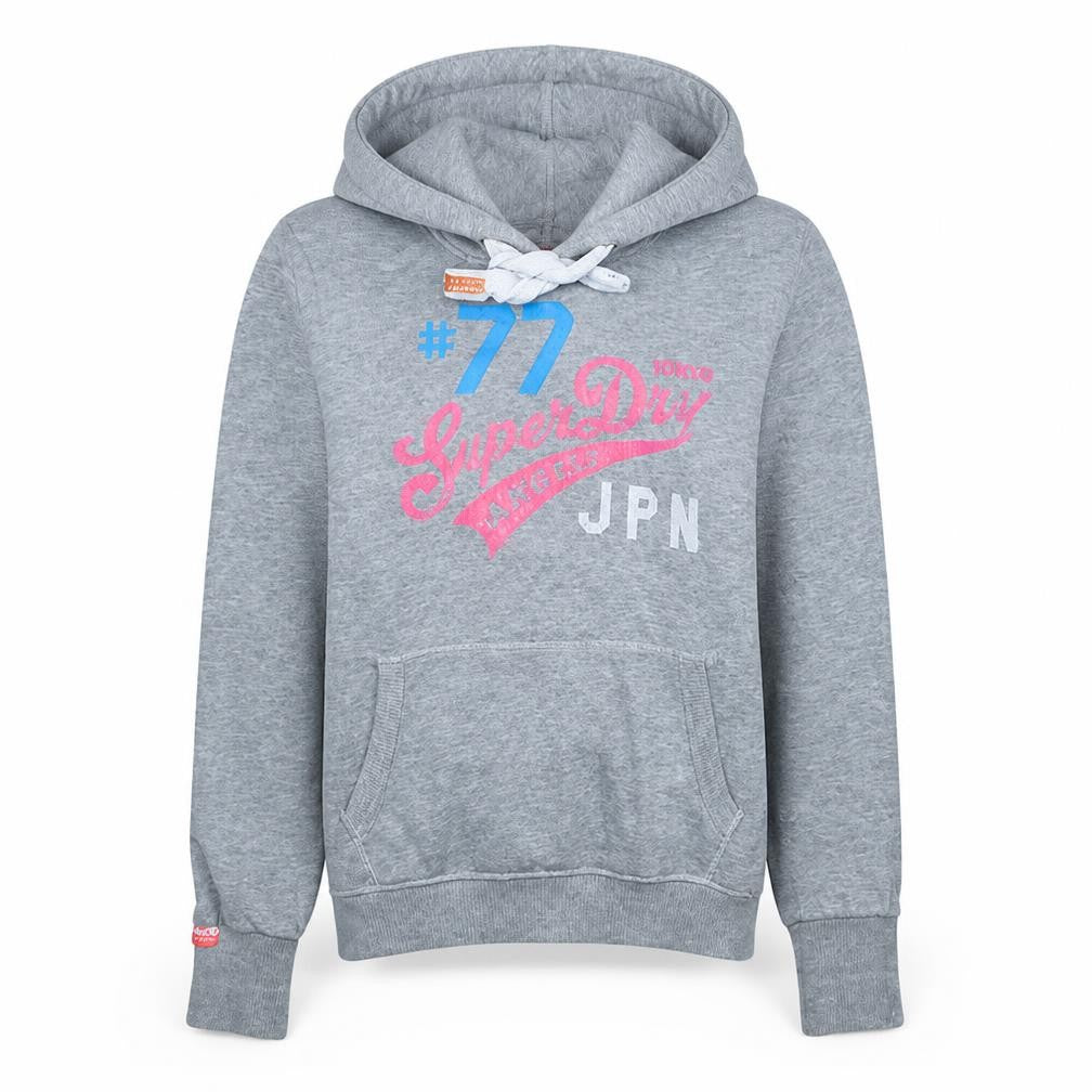 Superdry Womens Grey Pullover Hoodie L Logo Print Casual Sweatshirt