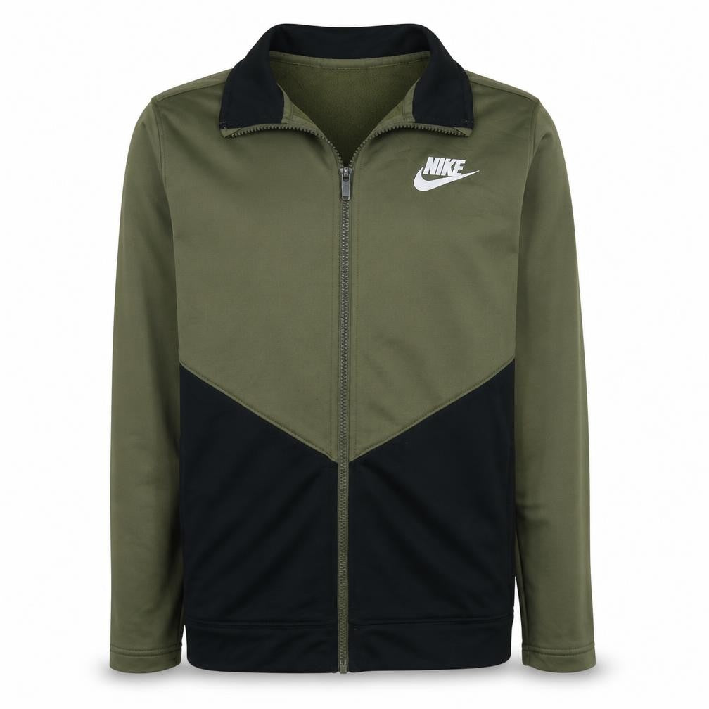 Front view of Nike boys’ green track jacket xl 158-170cm zip up colourblock sportswear