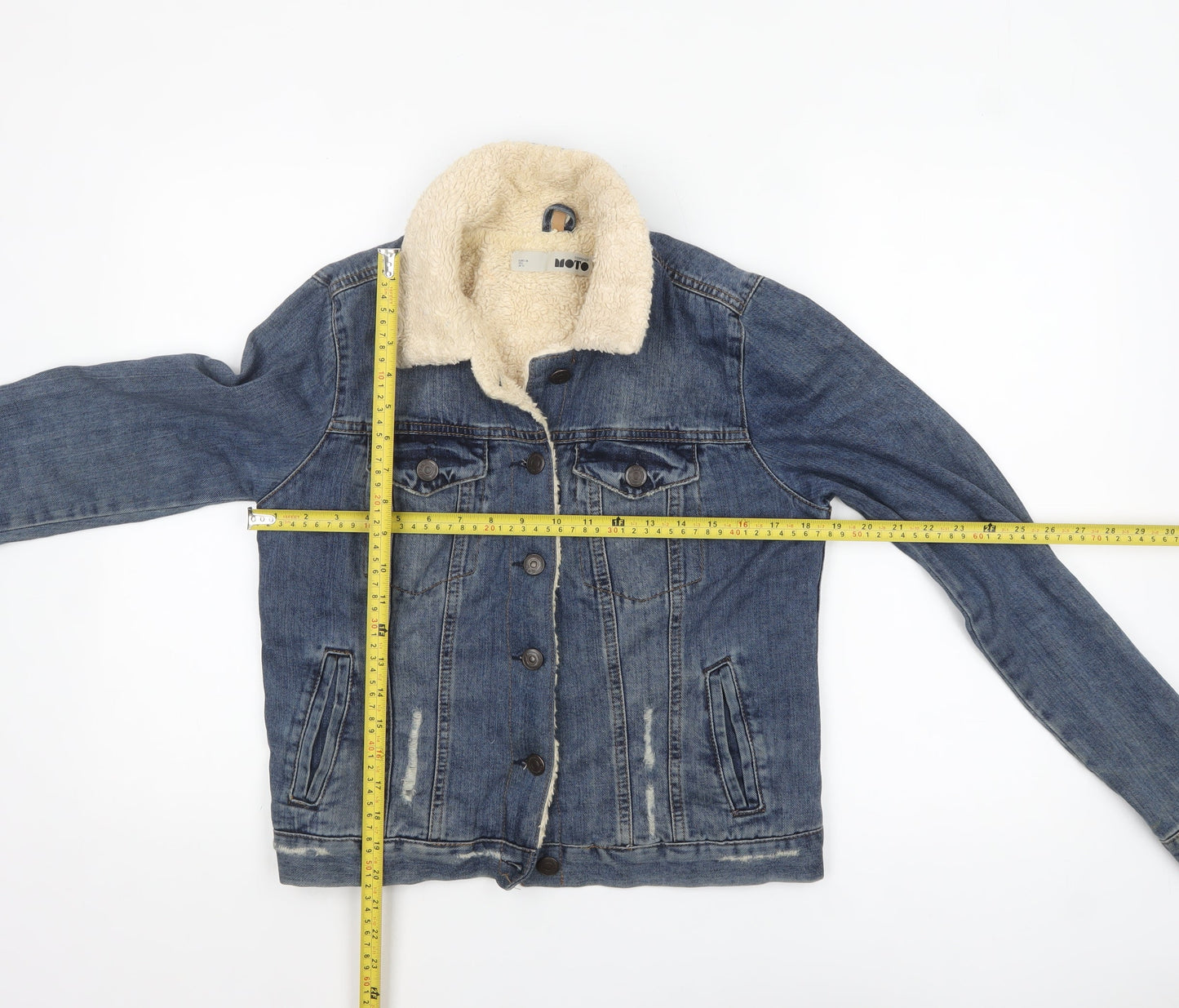 Topshop MOTO Women's Blue Denim Sherpa Jacket UK 10 Lined Casual