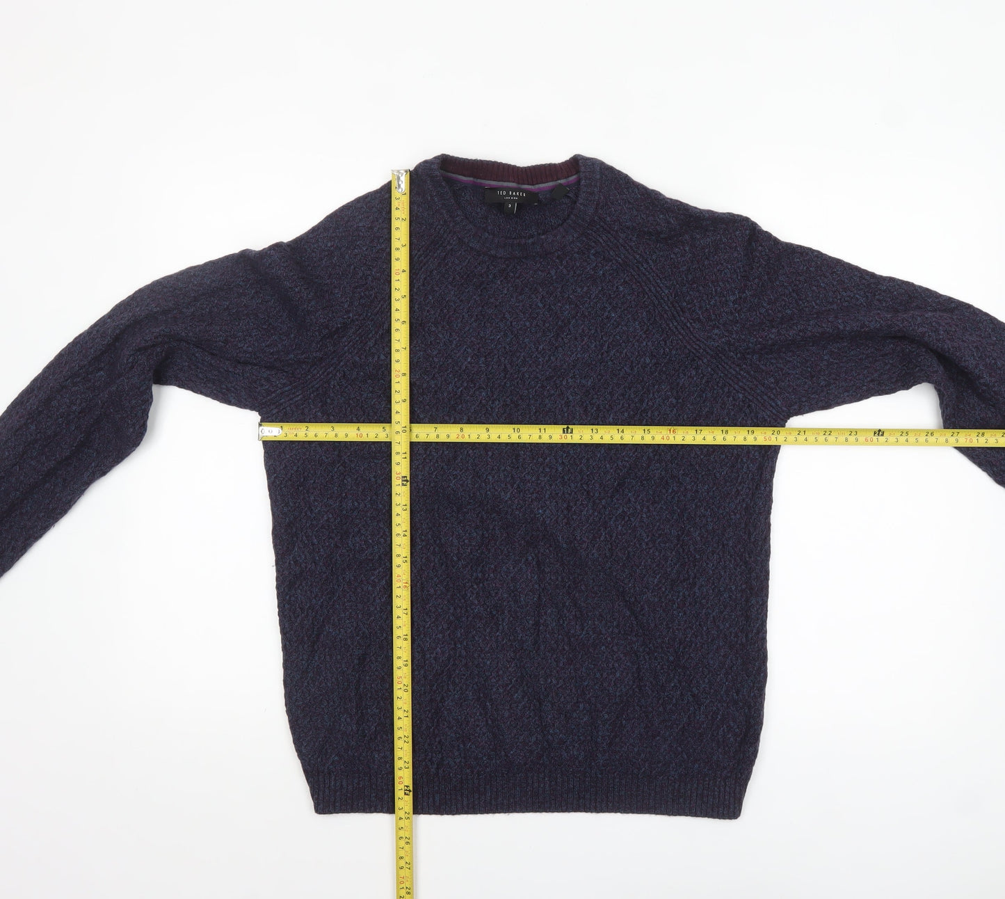 Ted Baker Men's Blue Crew Neck Wool Blend Cable-Knit Jumper M
