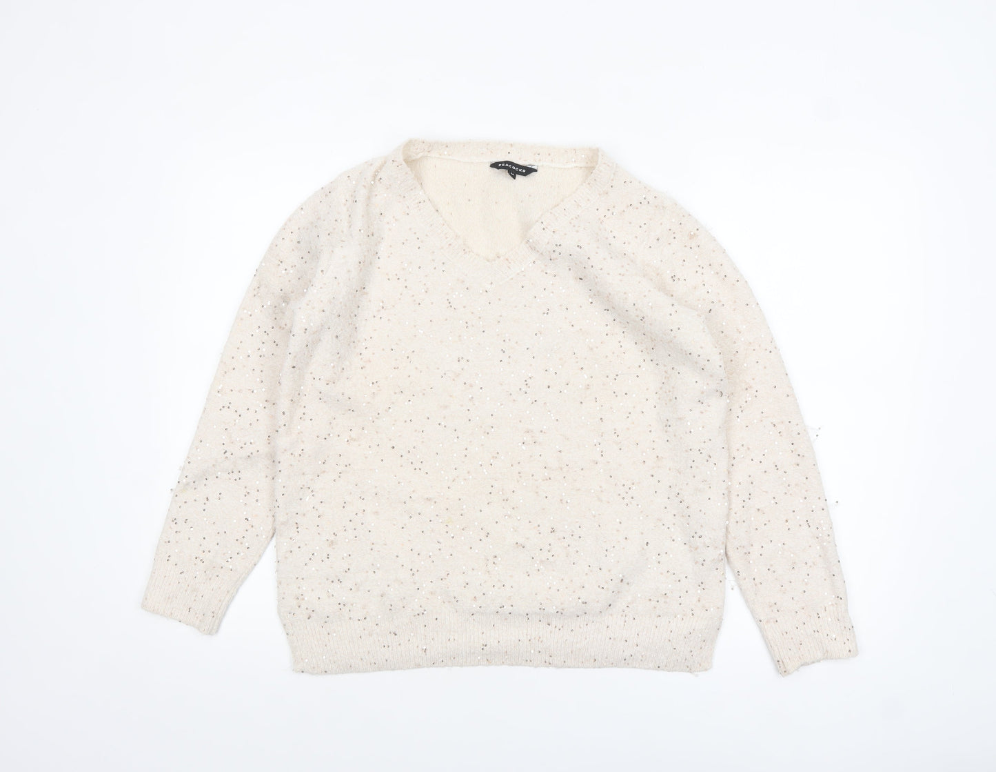 Peacocks Women’s Beige Sequin V-Neck Knit Jumper Size M