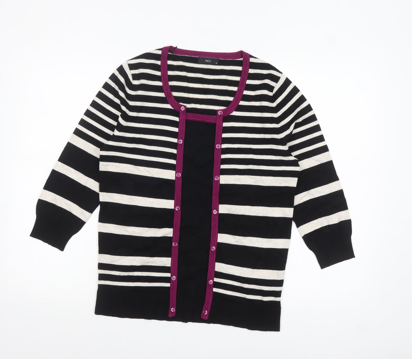 M&Co Womens Black Striped 3/4 Sleeve Cardigan Size 14