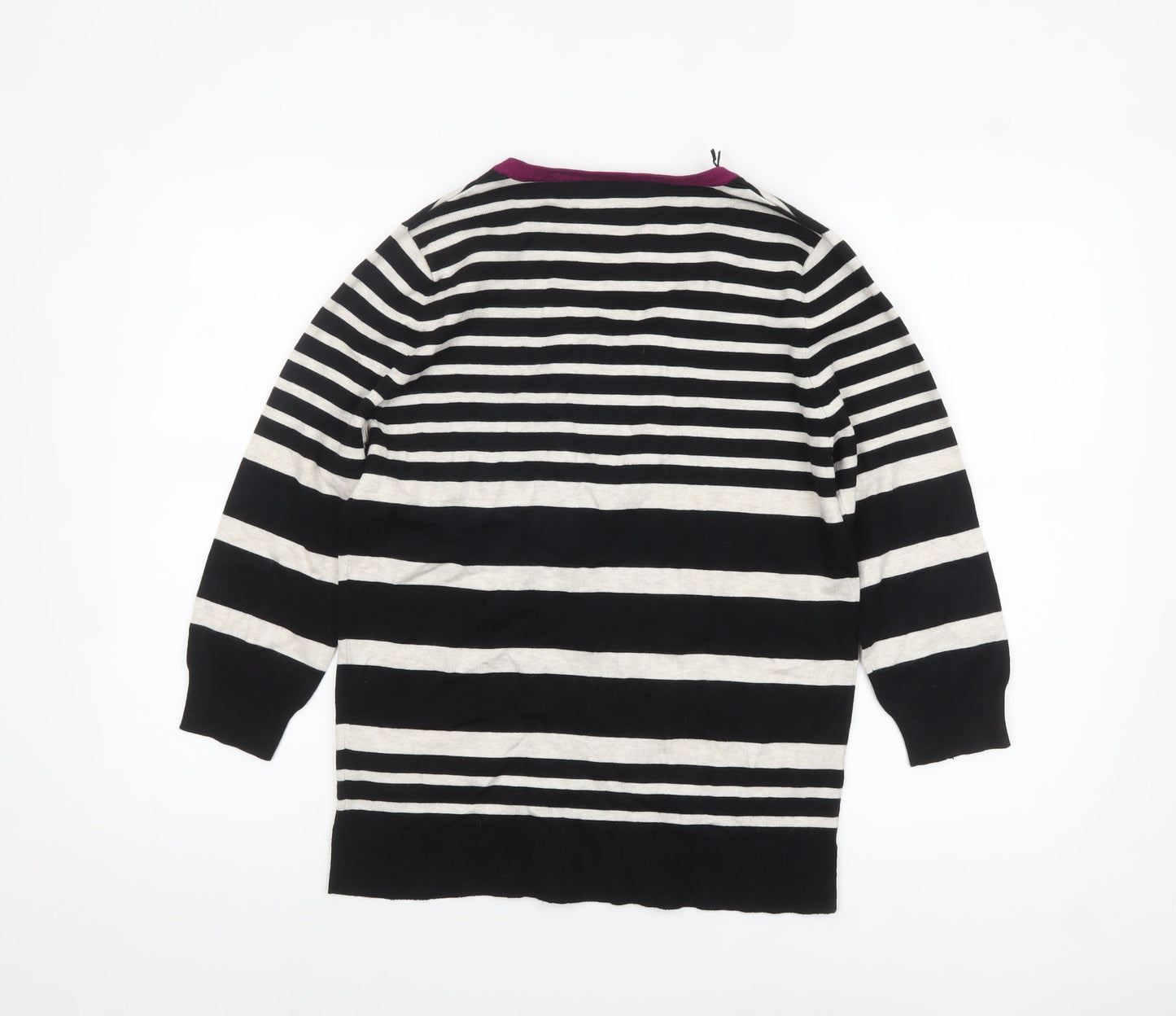 M&Co Womens Black Striped 3/4 Sleeve Cardigan Size 14