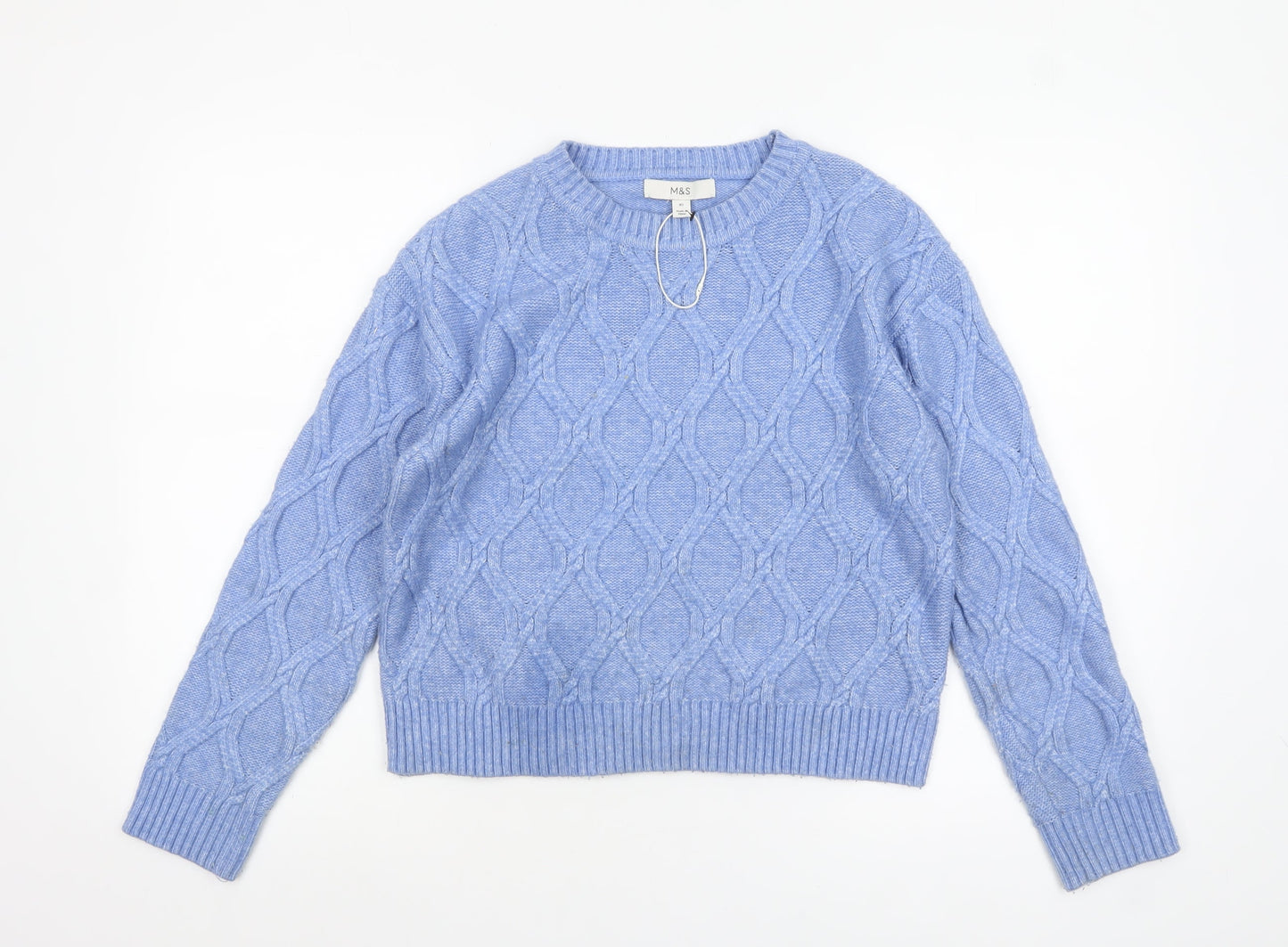 Marks & Spencer Womens Blue Cable Knit Jumper XS Crew Neck Pullover