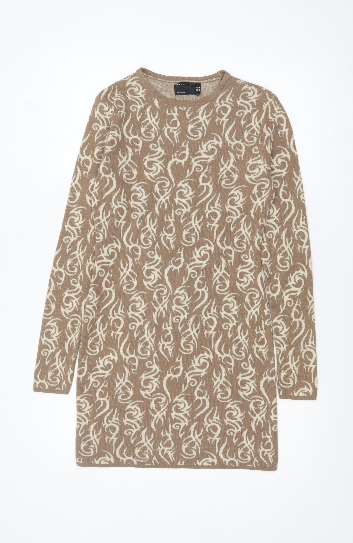 ASOS Women Beige Long Sleeve Knit Bodycon Mini Dress UK 8
