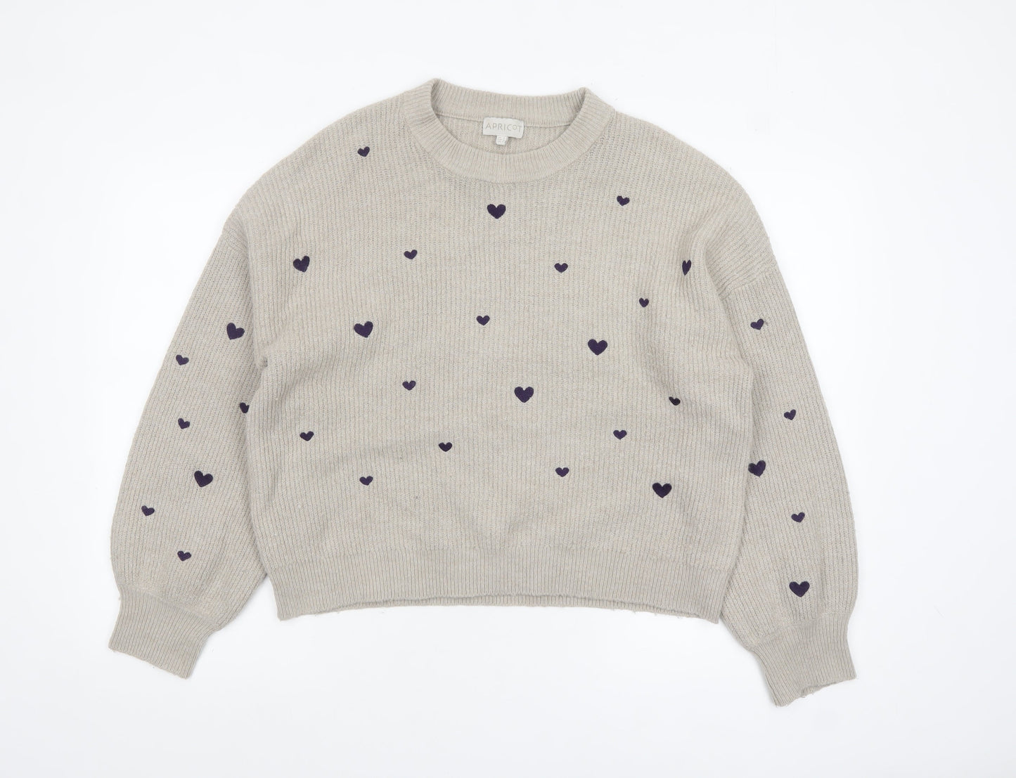 Apricot Womens Beige Heart Print Crew Neck Knit Jumper Size 12