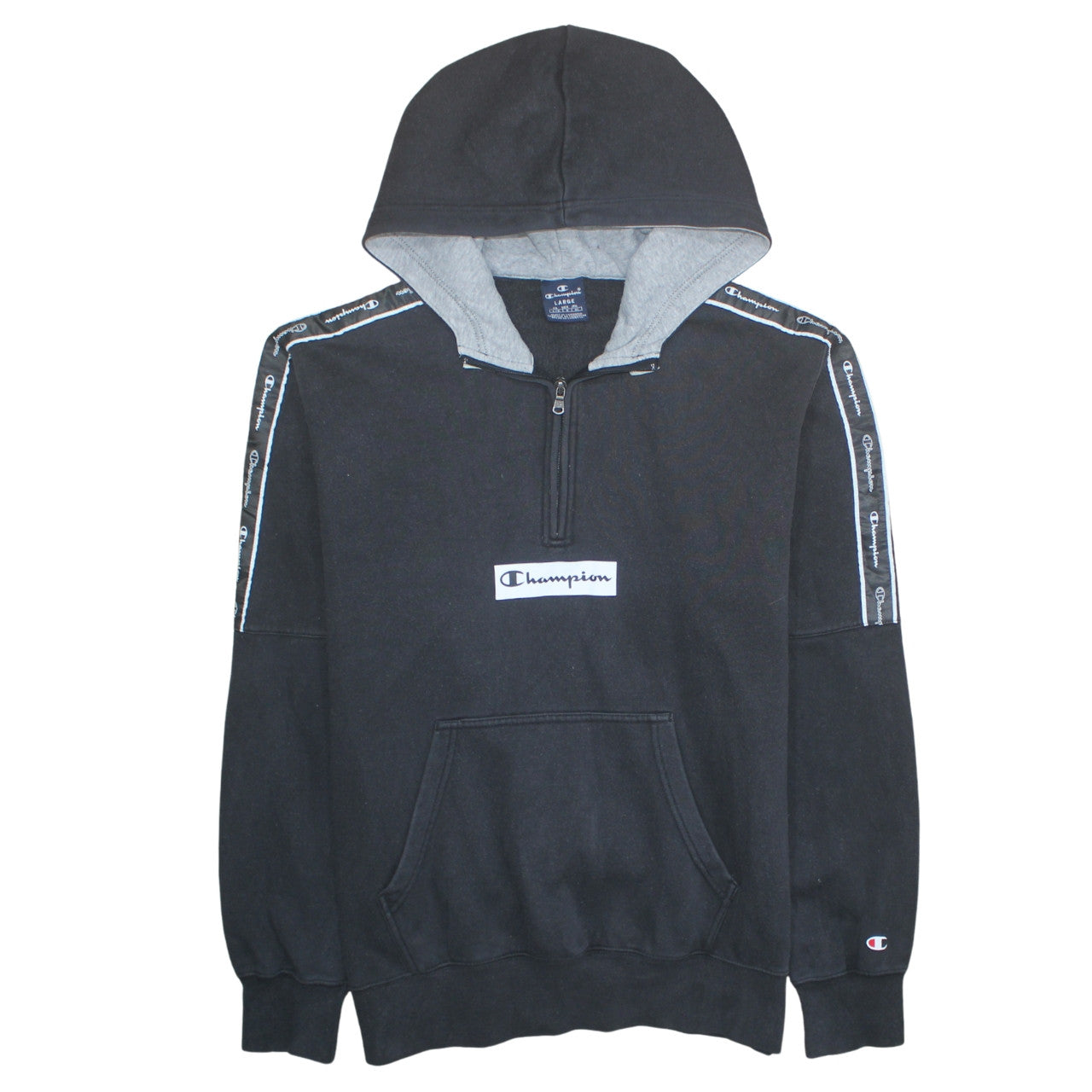 Champion Men's Black Large 1/2 Zip Hoodie with Logo Tape Detail