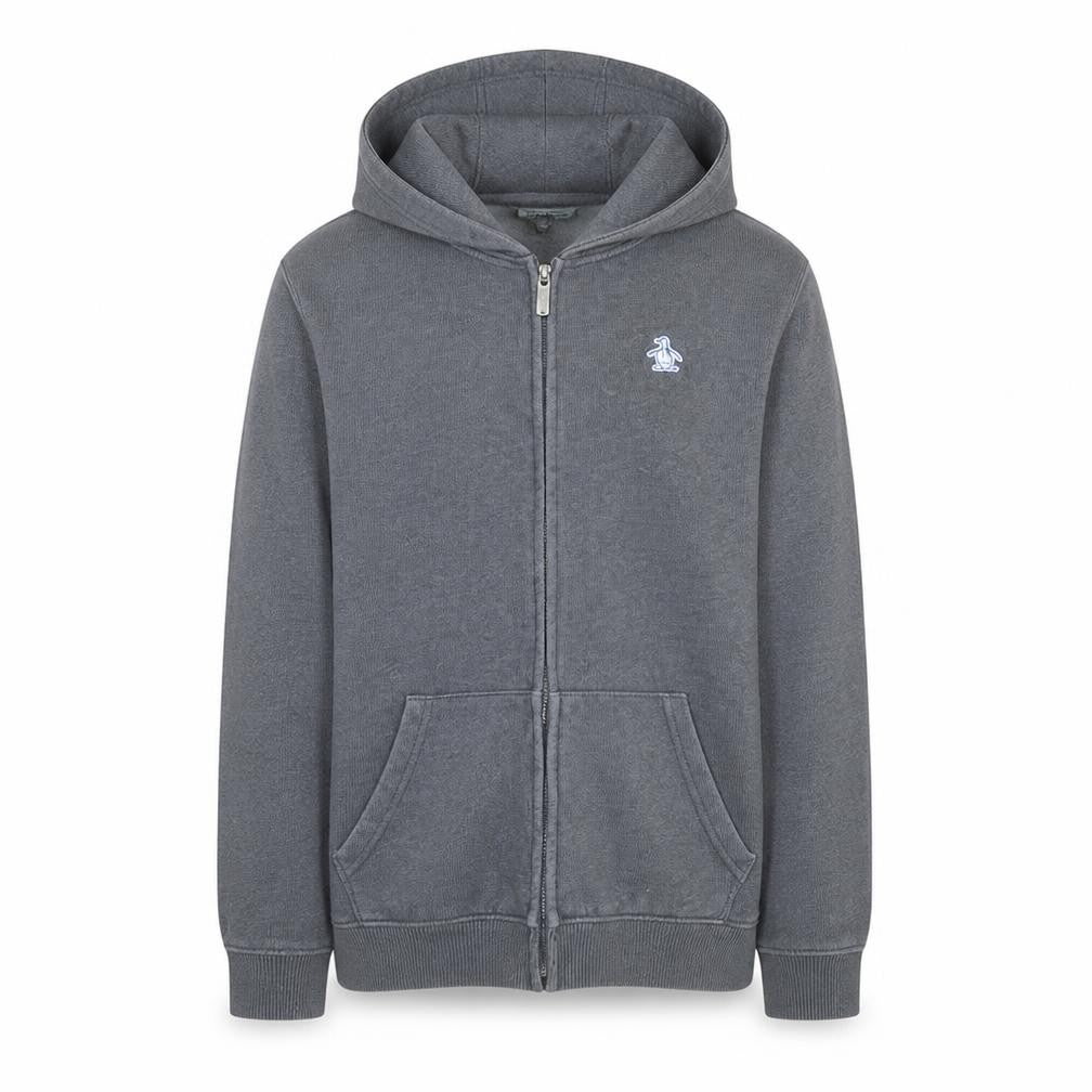 Front view of Original Penguin boys’ grey full zip hoodie 12-13 years cotton blend