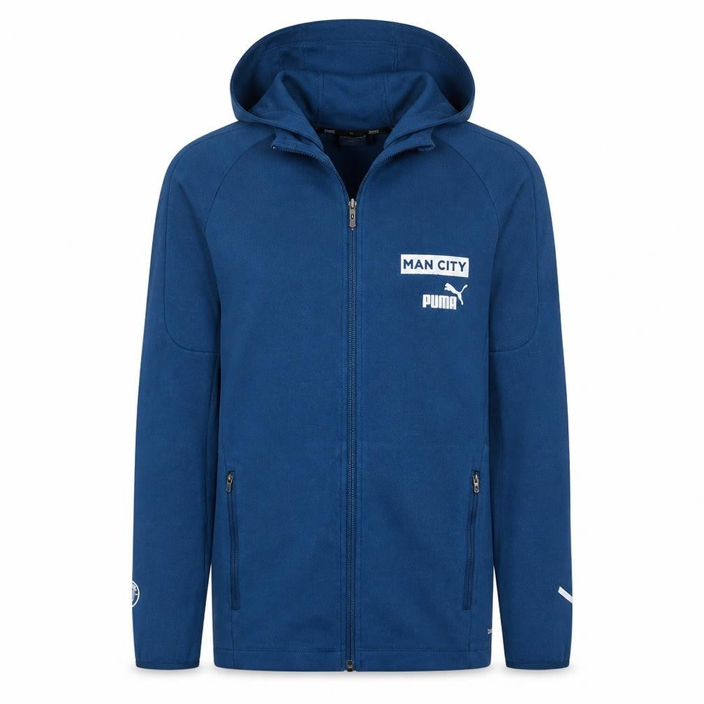 Front view of Puma Men’s Blue Man City Full Zip Hoodie, size S, Casual Sportswear