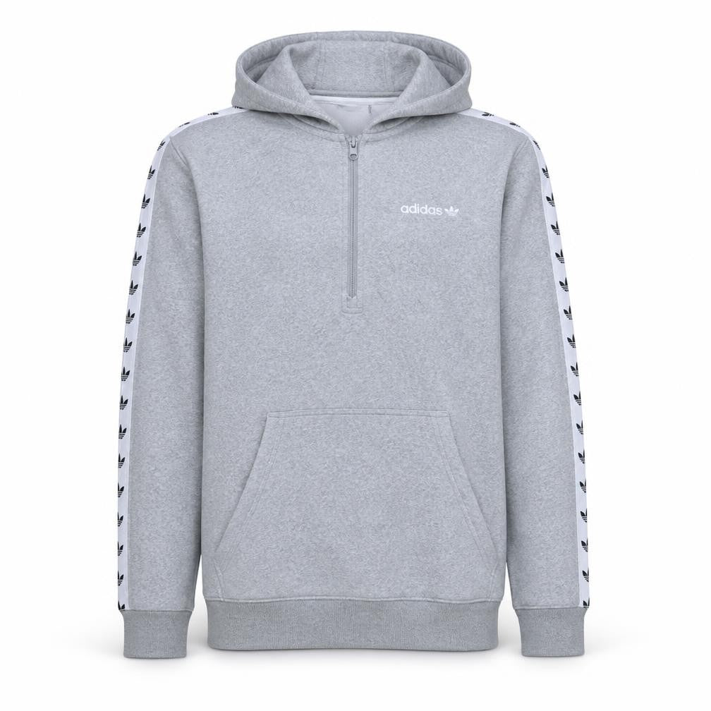 Front view of Adidas Men's Grey L Half Zip Hooded Sweatshirt Fleece Sports Top